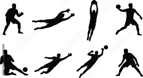 Fotografía Soccer goalkeeper and handball player silhouette icon set featuring jumping catc
