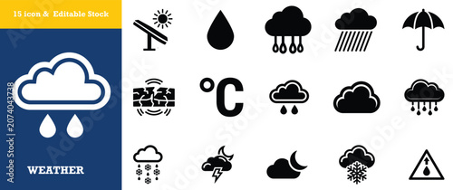 Foto Weather forecast and climate condition black glyph symbol set for mobile application