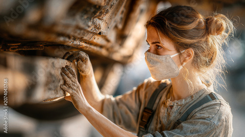 Mechanic wearing a protective mask inspects the underside of a vehicle