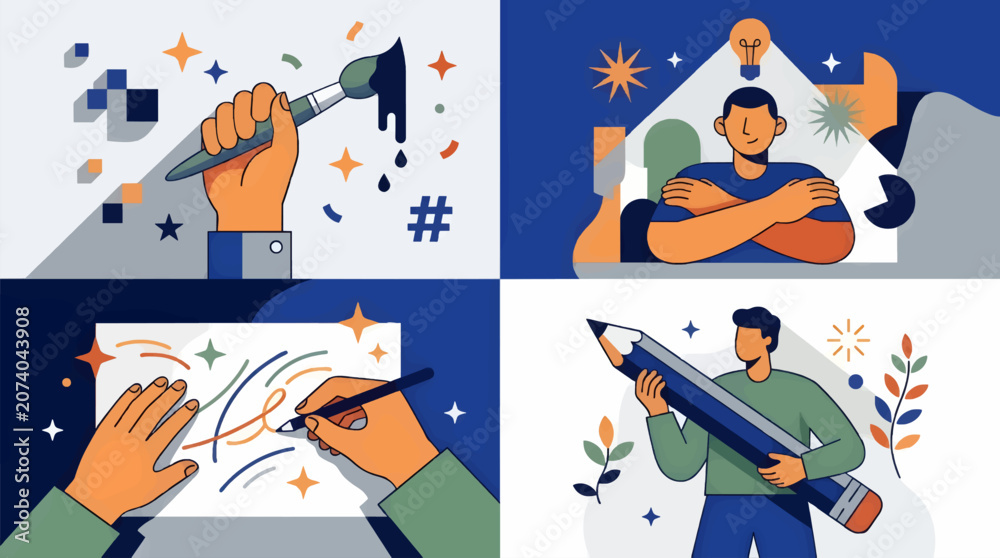 Fototapeta premium Flat Vector Illustration of Creative Process with Hands Painting, Drawing, Person Holding Giant Pencil, Idea Bulb and Abstract Shapes, Representing Inspiration and Art.