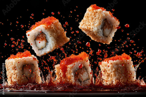 California rolls with tobiko and sauce splashing in mid-air