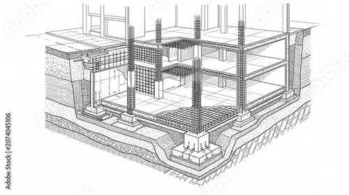 An architectural illustration of a building's foundation and structure from an aerial perspective showing columns and walls.