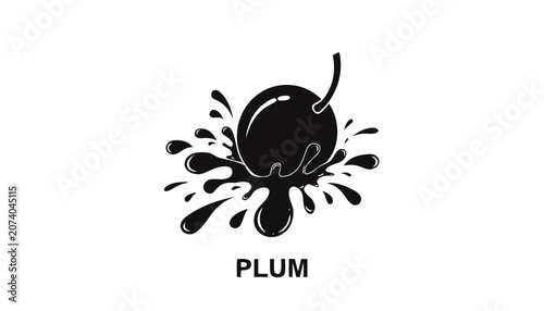 Very beautiful black and white vector illustration of a PLUM with energetic juice splash effect, smooth fruit texture, realistic monochrome styling, isolated on white background, with a bold label rea