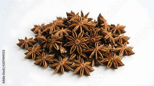 Dried star anise spice pods on white background