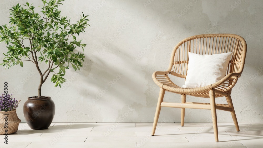 Fototapeta premium Woven Wicker Chair with Cushion and Potted Tree on Modern Patio