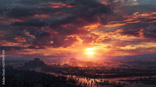 As the sun rises over Tenochtitln, Huitzilopochtlis war cry echoes through the valley, his strength manifesting in the fiery light that chases away the darkness. 