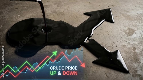 Crude Oil price concept , Crude oil spill black liquid concrete surface with up and down arrows showing market fluctuation
