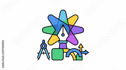 A colorful graphic design featuring a star with a compass and geometric shapes
