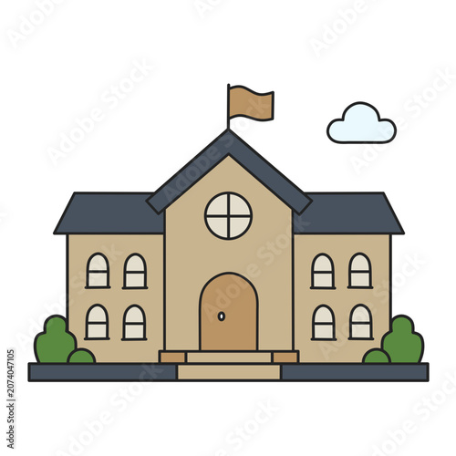 Traditional two story school building with flag arched windows and green bushes under a cloud