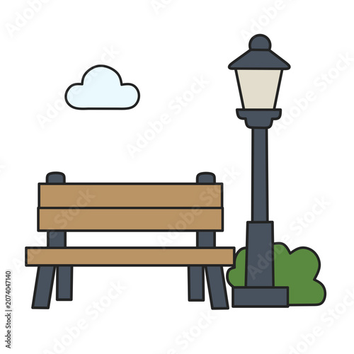 Wooden park bench and vintage street lamp with bush and cloud in a peaceful outdoor park