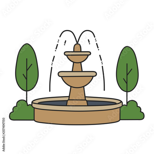 Two tier garden water fountain with spraying water framed by tall green trees and bushes