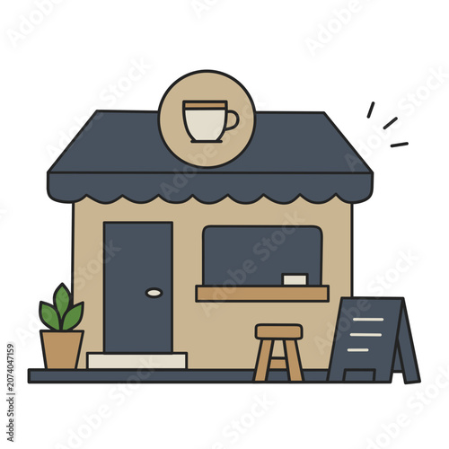 Cute and simple coffee shop storefront with awning cup sign and outdoor seat