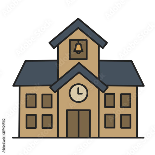 School building with bell tower and clock representing education and back to school