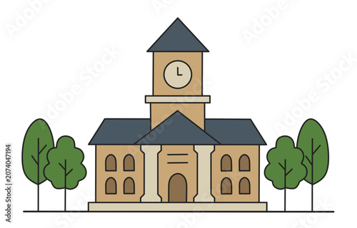 Classic clock tower building with columns and pillars flanked by tall green trees