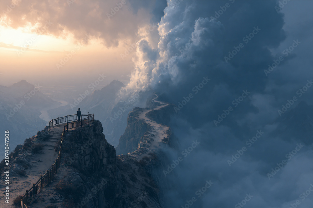Fototapeta premium split mountain ridge between safety and danger concept, dramatic cliff path adventure over stormy abyss landscape, contrasting viewpoint platform and exposed ridge journey