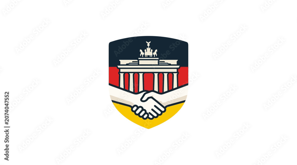 Obraz premium Brandenburg Gate Shield with Handshake Emblem on German Flag Colors