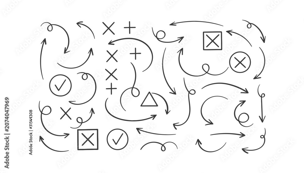 Fototapeta premium Hand drawn arrow set, black ink doodle arrows and symbols, sketchy directional pointers, vector design elements isolated on White Background scribble, hand drawing