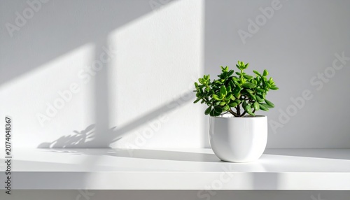 Green houseplant in a vase decorating modern interior room with natural light from window, home decor with potted plant and fresh leaves