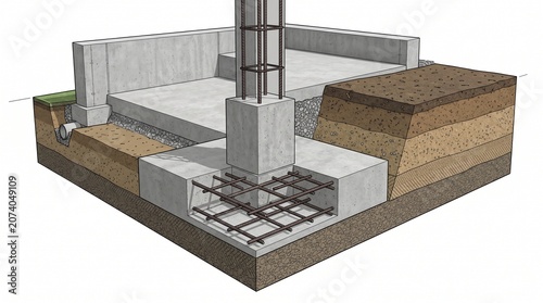 Construction workers build foundation with steel rebar and concrete blocks on site