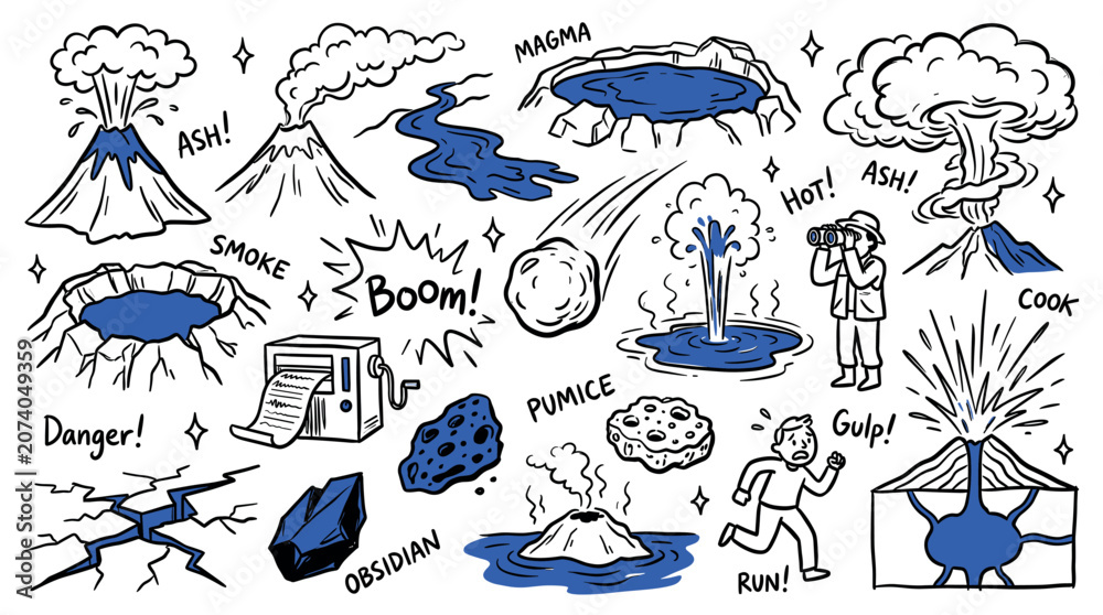 Obraz premium Hand-drawn doodle set of various volcano and geological activity elements with blue accents on a white background