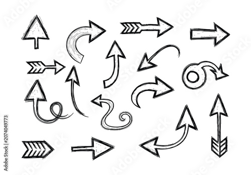 Hand drawn arrow vector set, black ink sketch arrows collection, decorative pointer icons for business presentations isolated on White Background scribble, hand drawing