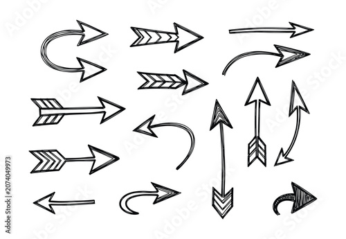 Hand drawn arrow set, black ink sketch arrows collection, rustic tribal pointer icons, 12 vector design elements isolated on White Background scribble, hand drawing
