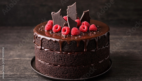 Three-layer 7-inch dark chocolate raspberry chili cake with glossy ganache on weathered black wood surface, fresh raspberries and jagged dark chocolate shards on top