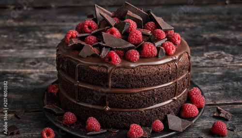 Three-layer 7-inch dark chocolate raspberry chili cake with glossy ganache on weathered black wood surface, fresh raspberries and jagged dark chocolate shards on top