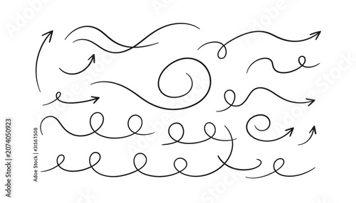 Hand drawn arrow set with curly swoosh lines, black ink doodle pointers, decorative swirl vector elements for design isolated on White Background scribble, hand drawing