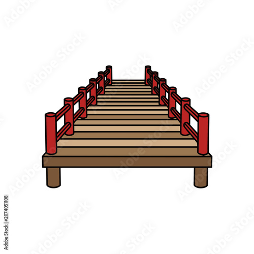 Flat illustration of a wooden bridge with red railings