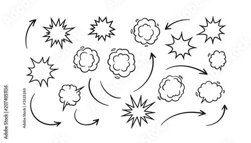 Hand drawn comic speech bubbles and arrows, black ink doodle set of 21 vector elements, pop art explosion cloud icons isolated on White Background scribble, hand drawing