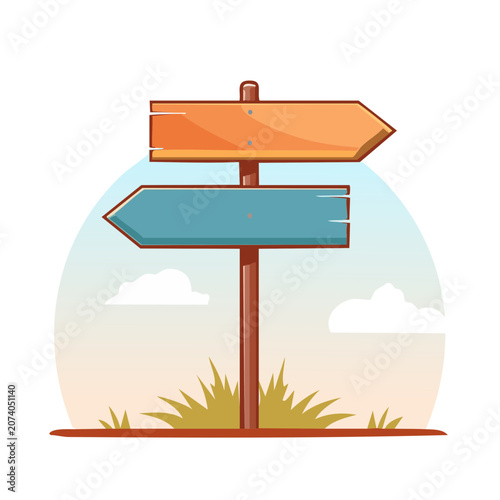 Flat illustration of a wooden directional signpost with arrows