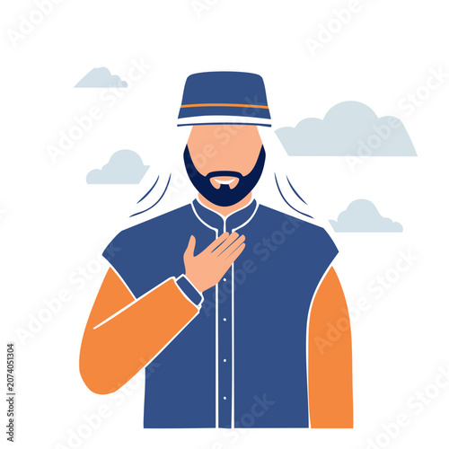 Man in blue uniform with cap gesturing