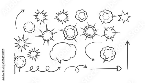 Hand drawn comic speech bubbles and explosion clouds, set of 20 sketch vector icons, black ink doodle arrow elements isolated on White Background scribble, hand drawing