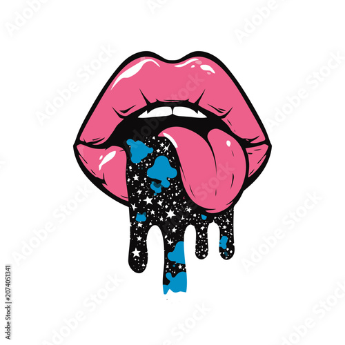Pink lips with blue paint drip and stars illustration