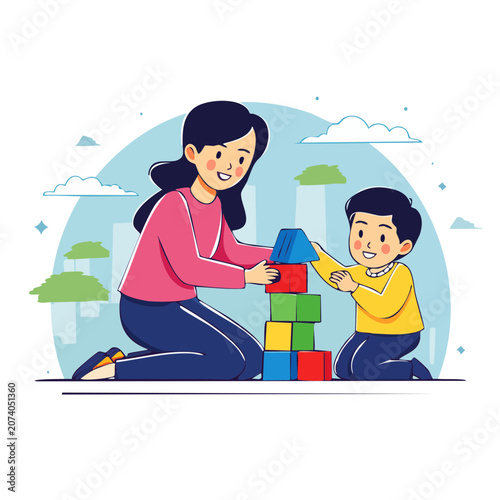Mother and child playing with colorful building blocks