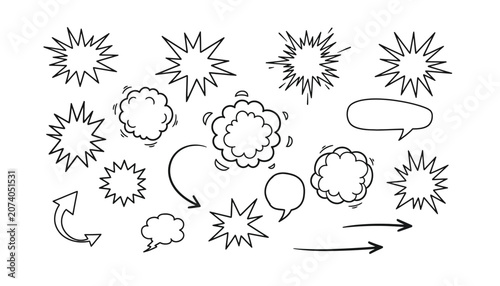 Comic speech bubbles and explosion bursts, hand drawn manga set of 16 vector elements, black outline doodle icons isolated on White Background scribble, hand drawing