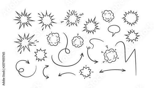 Comic speech bubbles and hand drawn arrows, black ink explosion burst icons, 20 sketch doodle elements for pop art isolated on White Background scribble, hand drawing