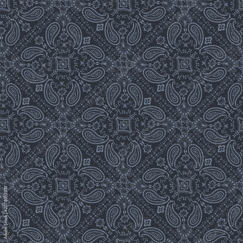 Seamless Blue Bandana Paisley Pattern with Intricate Vintage Floral Motif