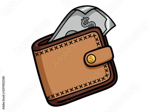 Brown leather wallet with paper money inside isolated on white background