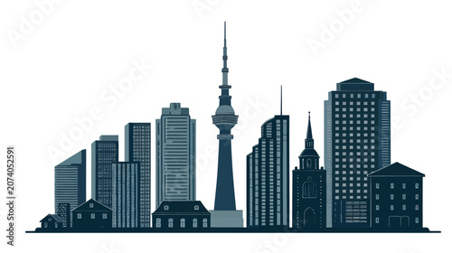 Blue city skyline silhouette with modern skyscrapers and old houses