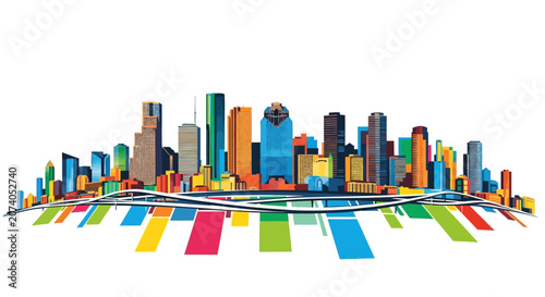Colorful abstract cityscape vector with vibrant modern buildings and urban bridge