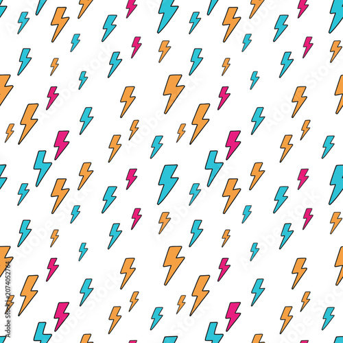 Colorful lightning bolt pattern with hand drawn icons on white background