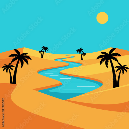 Desert landscape with river flowing through golden sand dunes and palms