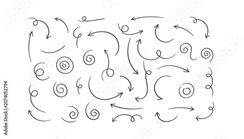 Hand drawn arrow set, decorative charcoal swirl icons, 35 sketch vector elements for creative design and journaling isolated on White Background scribble, hand drawing
