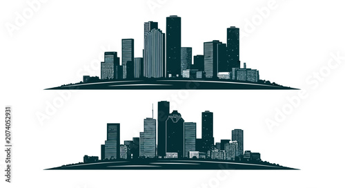 Graphic silhouette of a modern city skyline with multiple tall buildings an urban development concept.
