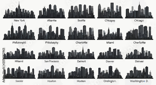 Grayscale city skyline vector collection of US major cities silhouettes. Stylized urban landscape illustration set featuring modern cityscapes on whit