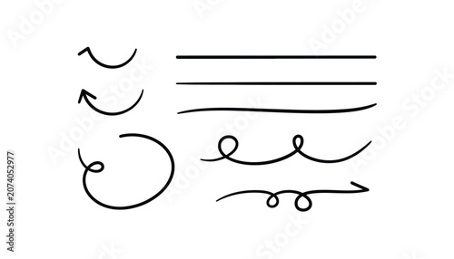 Hand drawn arrow set with black ink brush strokes, minimalist doodle line art collection, organic vector swoosh icons isolated on White Background scribble, hand drawing