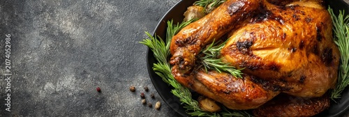 Roasted chicken with rosemary for holiday dinner celebration, banner, copy space