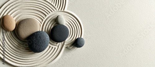 Zen garden rocks with raked sand for meditation, copy space, banner